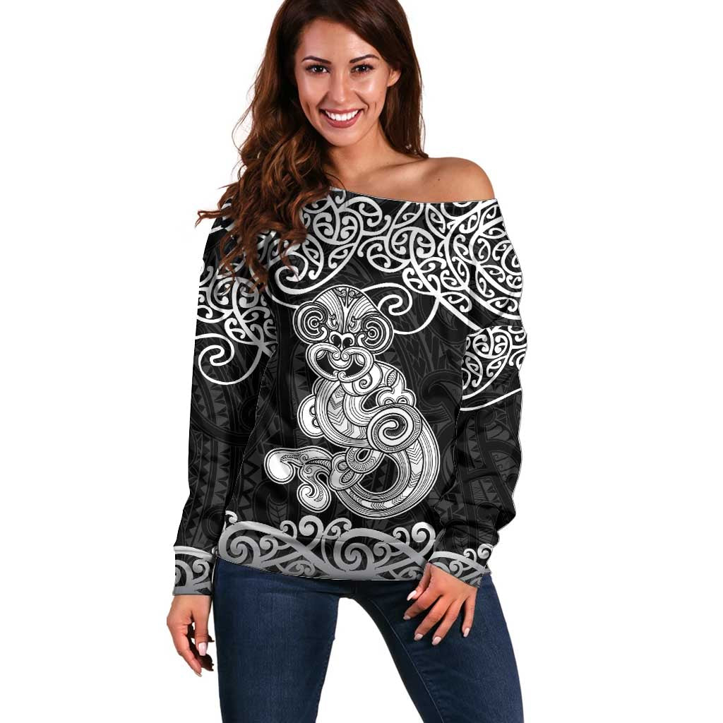 Te Reo Maori Tiki Inspired Art Off Shoulder Sweater LT9 Women Black - Polynesian Pride