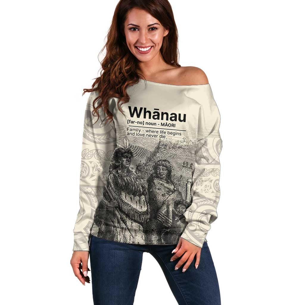 Whanau Maori Language Off Shoulder Sweater Te Reo Maori Inspired Art LT9 Women Nude - Polynesian Pride