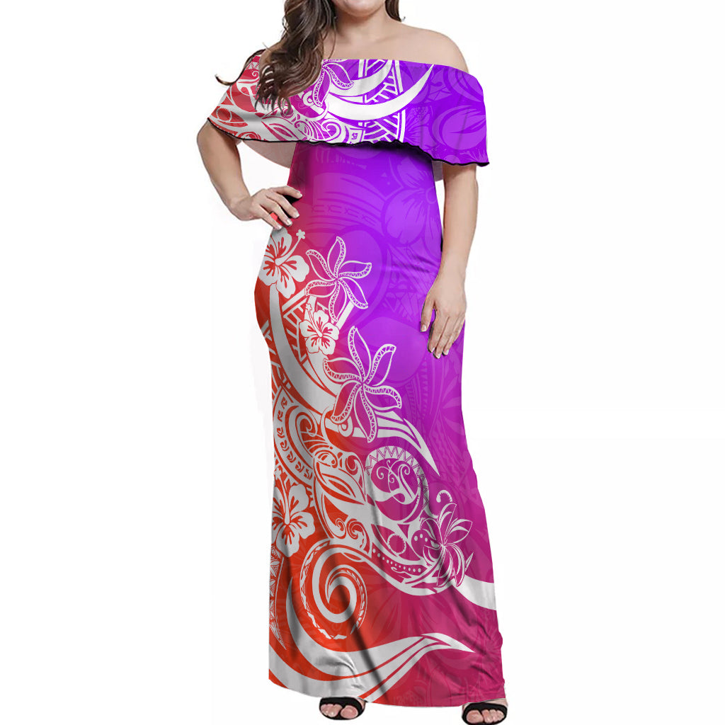 Polynesian Sunset Plumeria Off Shoulder Maxi Dress Pacific Island Tribal Purple Style LT9 Women Purple - Polynesian Pride