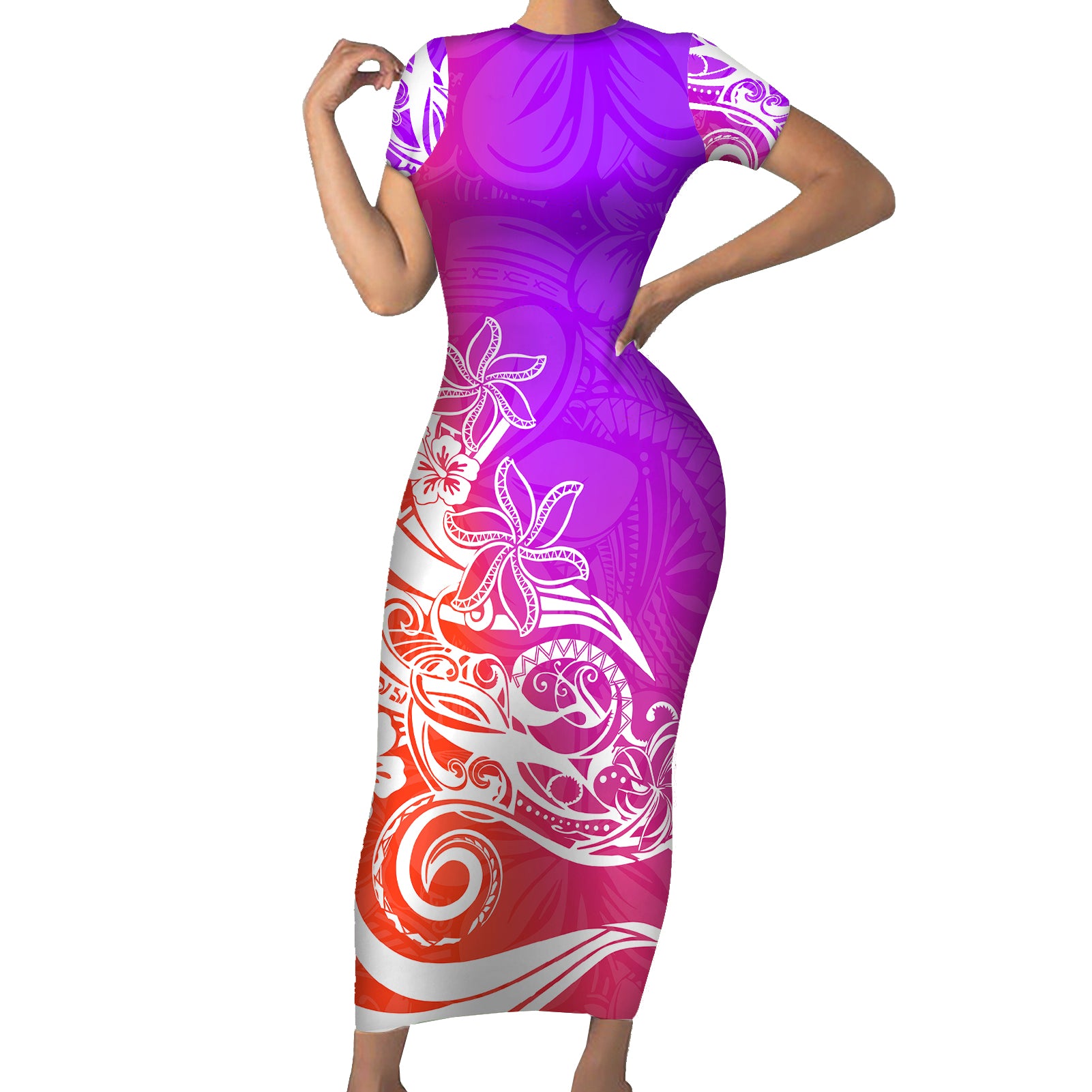 Polynesian Sunset Plumeria Short Sleeve Bodycon Dress Pacific Island Tribal Purple Style LT9 Long Dress Purple - Polynesian Pride