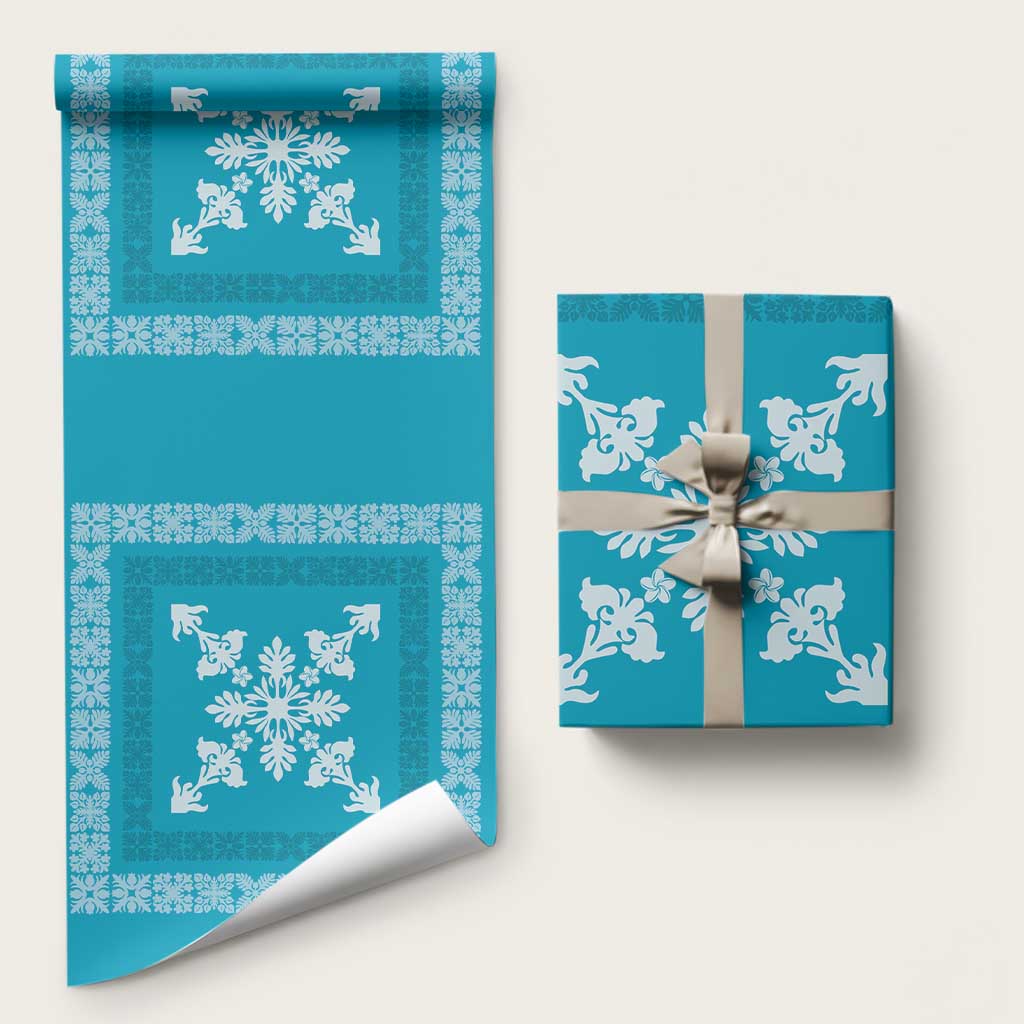 Hawaiian Quilt Block Design Wrapping Paper Teal Hawaii Culture Motifs LT9 58" × 23" Teal - Polynesian Pride