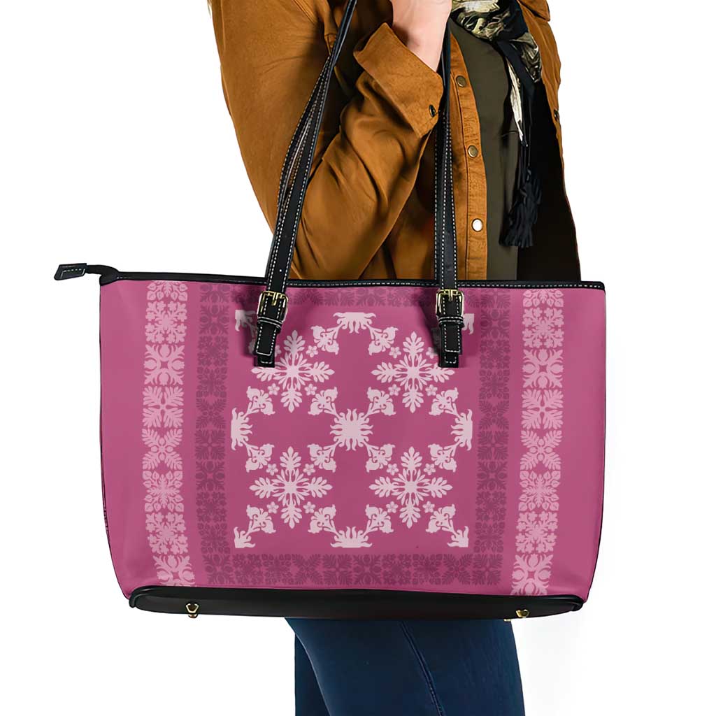 Hawaiian Quilt Pattern Leather Tote Bag Pink Hawaii Culture Tropical LT9 - Polynesian Pride