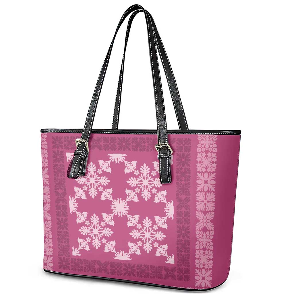 Hawaiian Quilt Pattern Leather Tote Bag Pink Hawaii Culture Tropical LT9 - Polynesian Pride