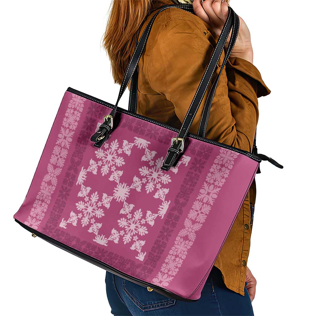 Hawaiian Quilt Pattern Leather Tote Bag Pink Hawaii Culture Tropical LT9 - Polynesian Pride