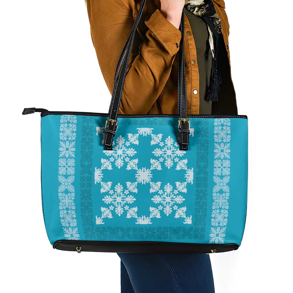 Hawaiian Quilt Pattern Leather Tote Bag Teal Hawaii Culture Tropical LT9 - Polynesian Pride