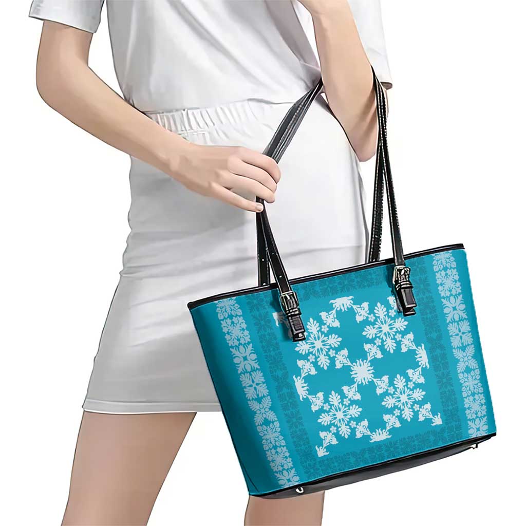 Hawaiian Quilt Pattern Leather Tote Bag Teal Hawaii Culture Tropical LT9 - Polynesian Pride