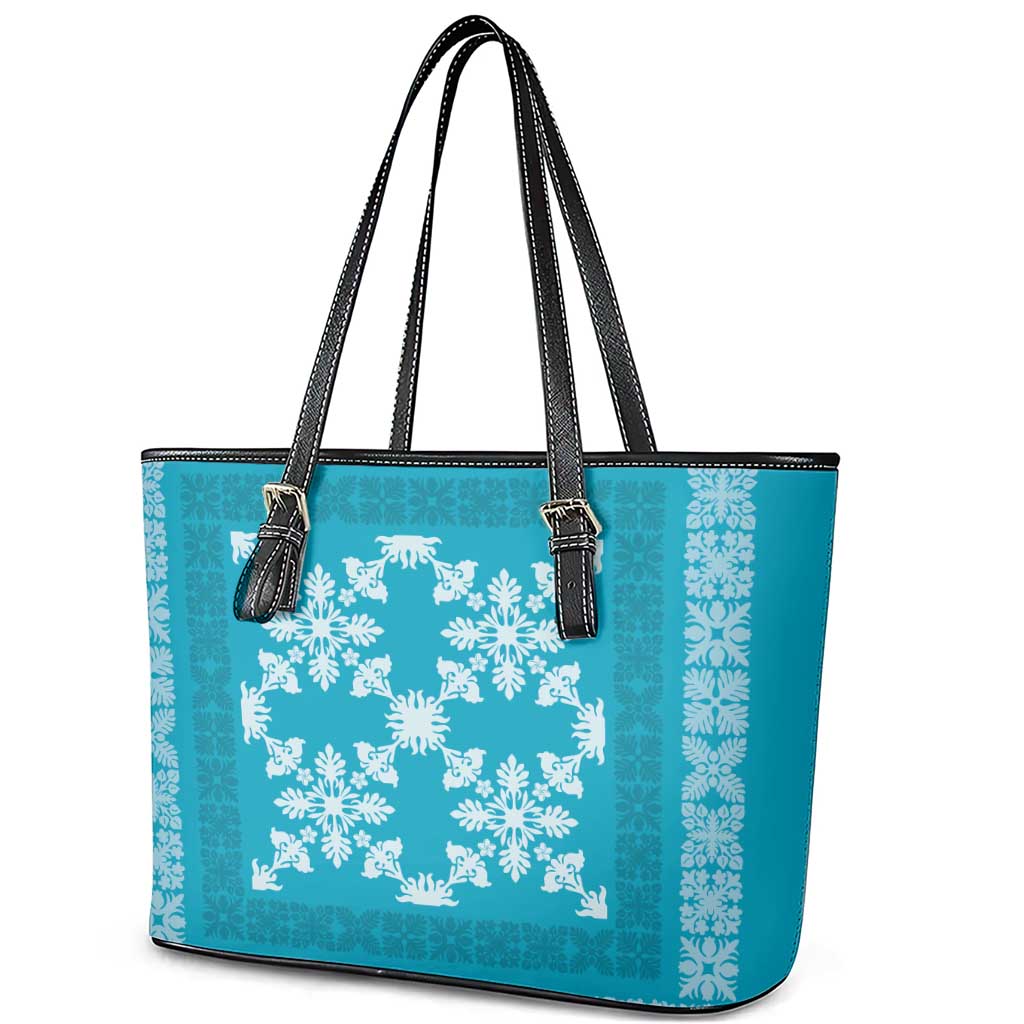 Hawaiian Quilt Pattern Leather Tote Bag Teal Hawaii Culture Tropical LT9 - Polynesian Pride