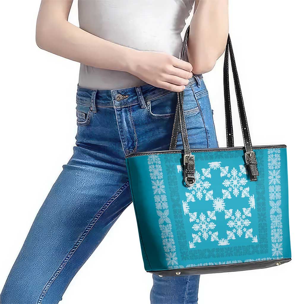 Hawaiian Quilt Pattern Leather Tote Bag Teal Hawaii Culture Tropical LT9 - Polynesian Pride