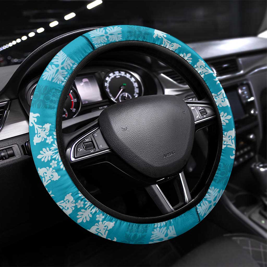 Hawaiian Quilt Pattern Steering Wheel Cover Teal Hawaii Culture Tropical LT9 Universal Fit Teal - Polynesian Pride
