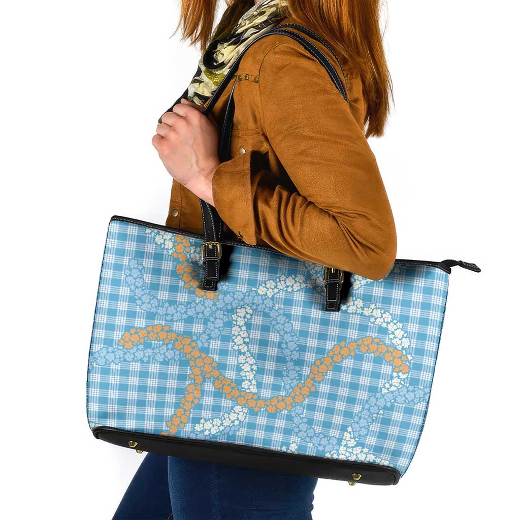 Blue Tropical Floral Palaka Leather Tote Bag Hawaiian Quilt Pattern LT9 Blue - Polynesian Pride