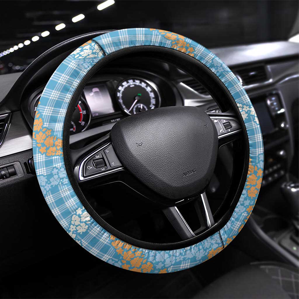 Blue Tropical Floral Palaka Steering Wheel Cover Hawaiian Quilt Pattern LT9 Universal Fit Blue - Polynesian Pride