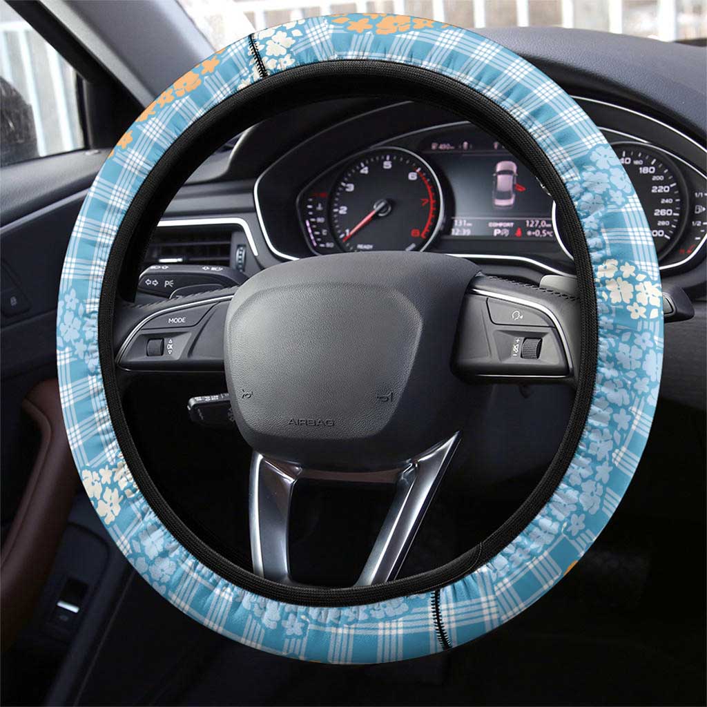 Blue Tropical Floral Palaka Steering Wheel Cover Hawaiian Quilt Pattern LT9 - Polynesian Pride