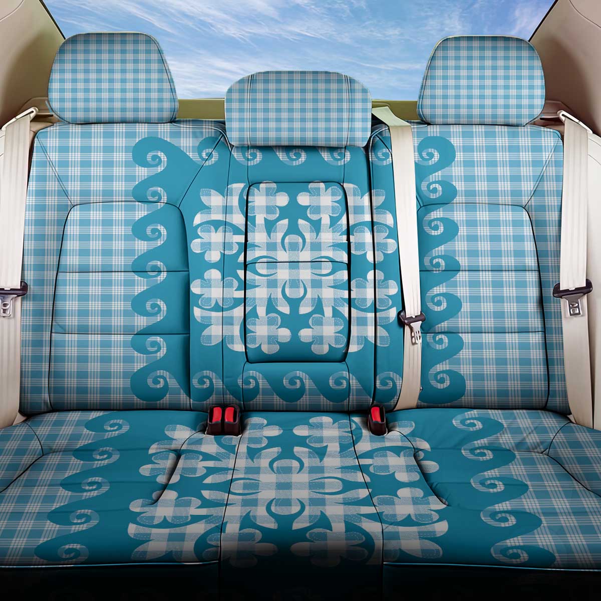 Blue Ulu Palaka Quilt Pattern Back Car Seat Cover Hawaii Culture Breadfruit LT9 One Size Blue - Polynesian Pride
