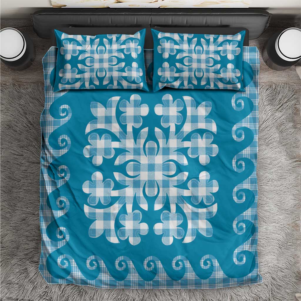 Blue Ulu Palaka Quilt Pattern Bedding Set Hawaii Culture Breadfruit LT9 Blue - Polynesian Pride