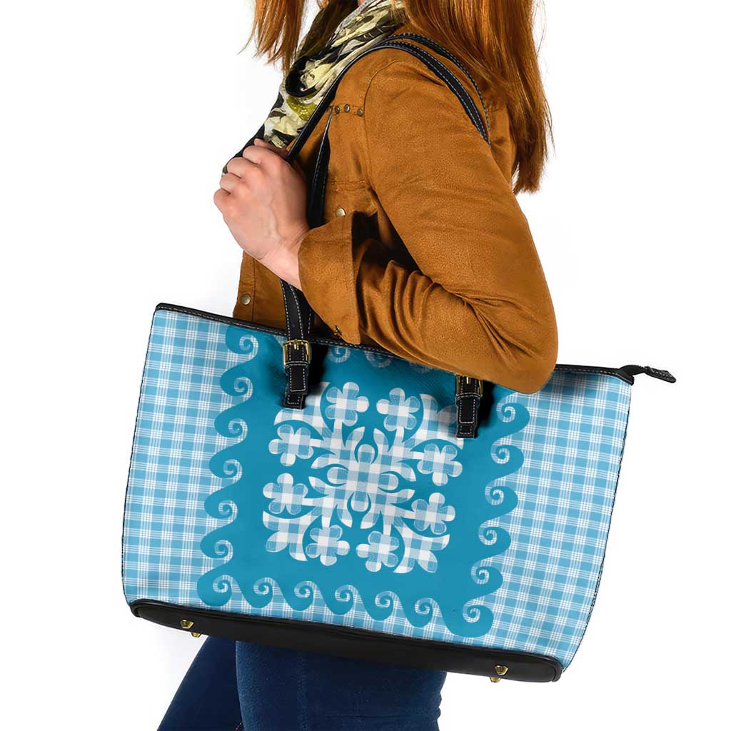 Blue Ulu Palaka Quilt Pattern Leather Tote Bag Hawaii Culture Breadfruit LT9 Blue - Polynesian Pride