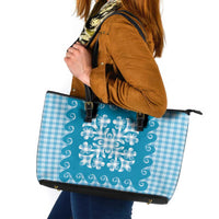 Blue Ulu Palaka Quilt Pattern Leather Tote Bag Hawaii Culture Breadfruit LT9 Blue - Polynesian Pride
