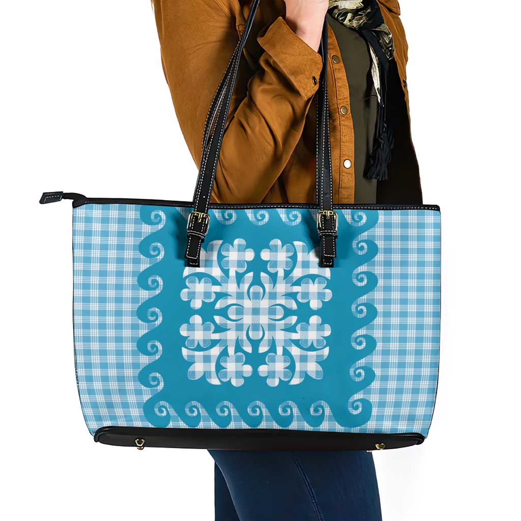 Blue Ulu Palaka Quilt Pattern Leather Tote Bag Hawaii Culture Breadfruit LT9 - Polynesian Pride