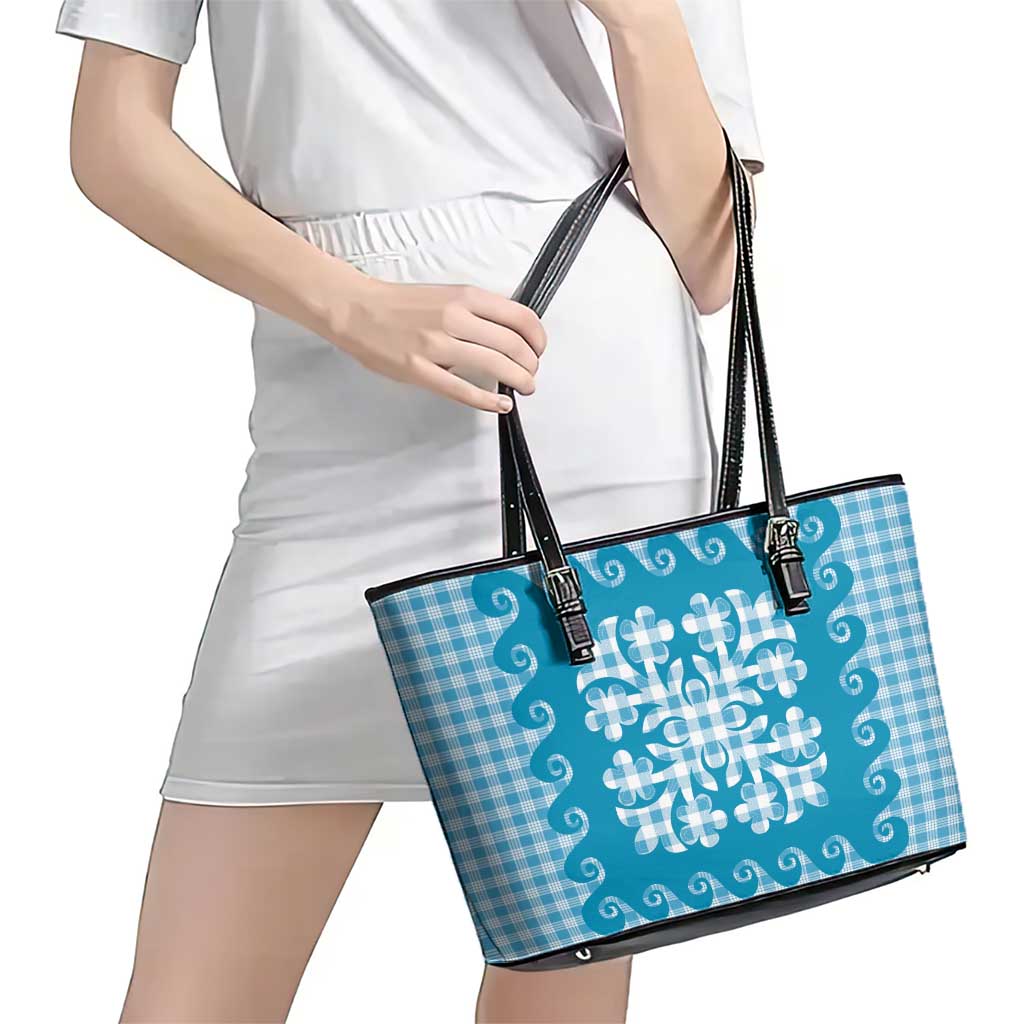 Blue Ulu Palaka Quilt Pattern Leather Tote Bag Hawaii Culture Breadfruit LT9 - Polynesian Pride