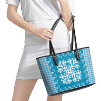 Blue Ulu Palaka Quilt Pattern Leather Tote Bag Hawaii Culture Breadfruit LT9 - Polynesian Pride
