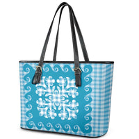 Blue Ulu Palaka Quilt Pattern Leather Tote Bag Hawaii Culture Breadfruit LT9 - Polynesian Pride