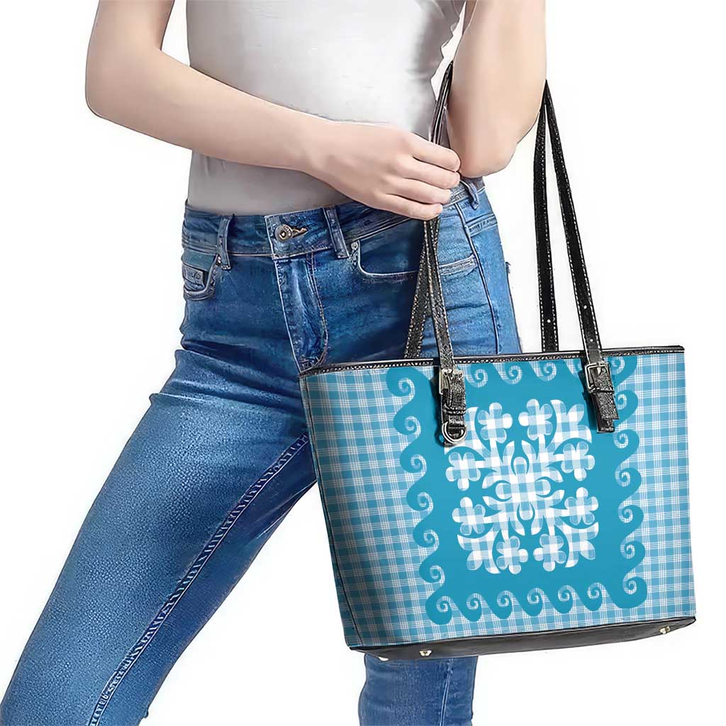 Blue Ulu Palaka Quilt Pattern Leather Tote Bag Hawaii Culture Breadfruit LT9 - Polynesian Pride