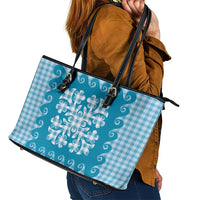 Blue Ulu Palaka Quilt Pattern Leather Tote Bag Hawaii Culture Breadfruit LT9 - Polynesian Pride