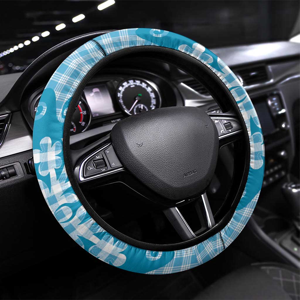 Blue Ulu Palaka Quilt Pattern Steering Wheel Cover Hawaii Culture Breadfruit LT9 Universal Fit Blue - Polynesian Pride