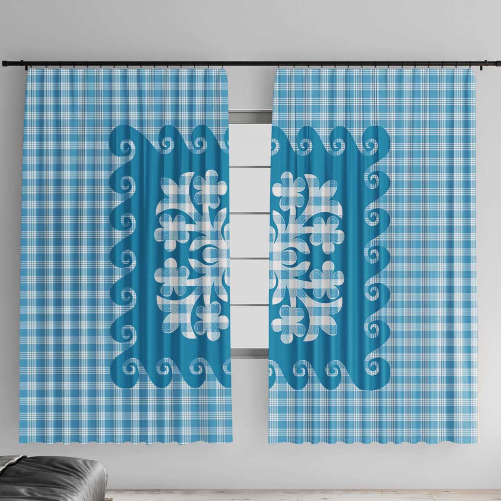 Blue Ulu Palaka Quilt Pattern Window Curtain Hawaii Culture Breadfruit LT9 With Hooks Blue - Polynesian Pride