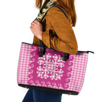Pink Ulu Palaka Quilt Pattern Leather Tote Bag Hawaii Culture Breadfruit LT9 Pink - Polynesian Pride