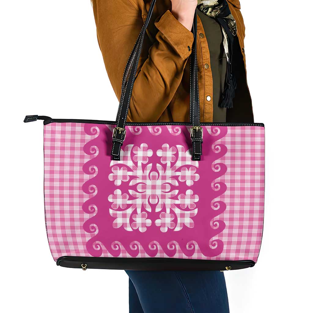 Pink Ulu Palaka Quilt Pattern Leather Tote Bag Hawaii Culture Breadfruit LT9 - Polynesian Pride