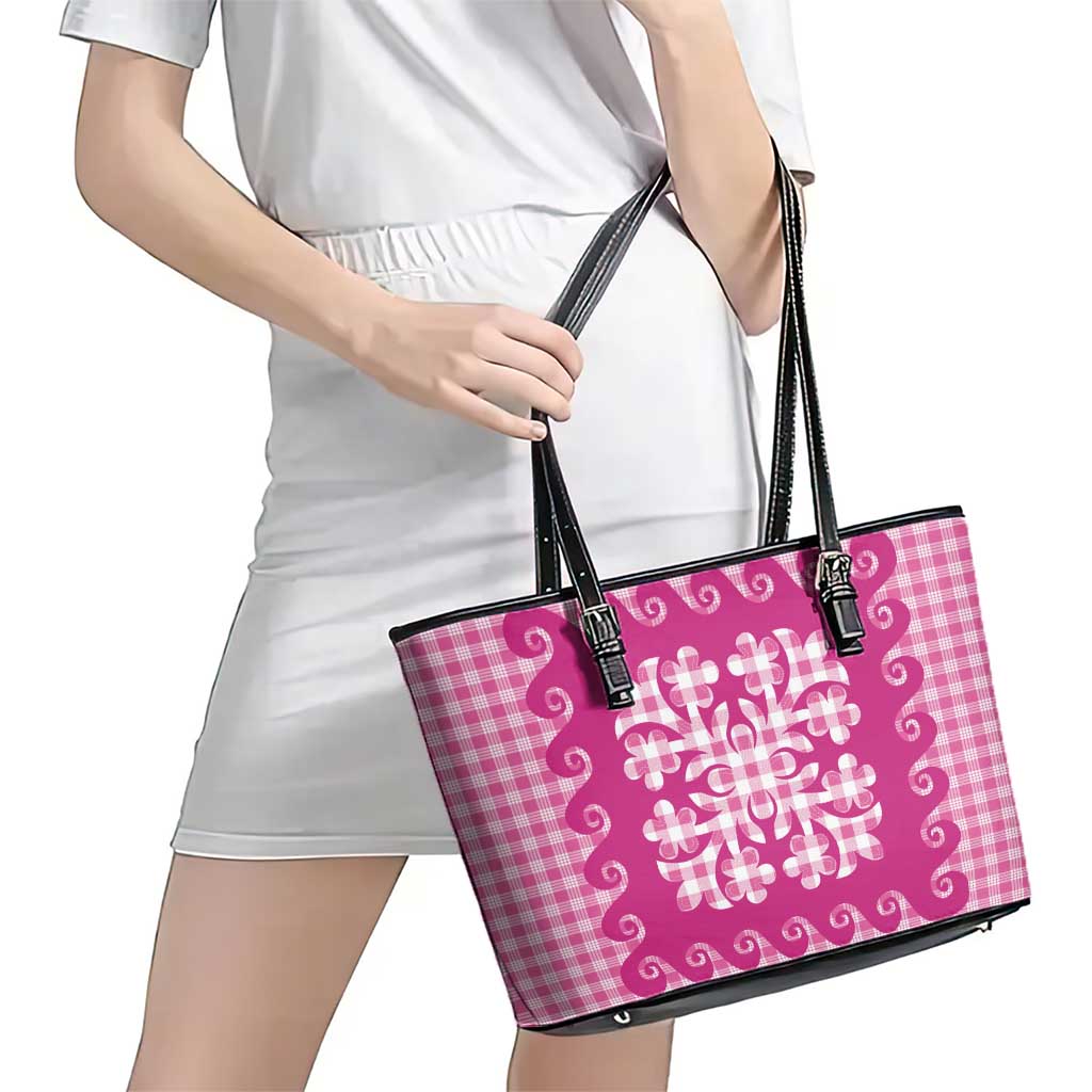 Pink Ulu Palaka Quilt Pattern Leather Tote Bag Hawaii Culture Breadfruit LT9 - Polynesian Pride