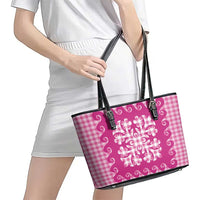 Pink Ulu Palaka Quilt Pattern Leather Tote Bag Hawaii Culture Breadfruit LT9 - Polynesian Pride