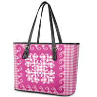 Pink Ulu Palaka Quilt Pattern Leather Tote Bag Hawaii Culture Breadfruit LT9 - Polynesian Pride