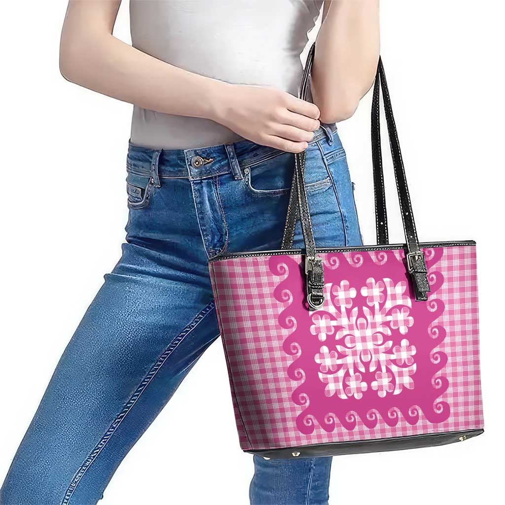 Pink Ulu Palaka Quilt Pattern Leather Tote Bag Hawaii Culture Breadfruit LT9 - Polynesian Pride