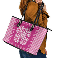 Pink Ulu Palaka Quilt Pattern Leather Tote Bag Hawaii Culture Breadfruit LT9 - Polynesian Pride