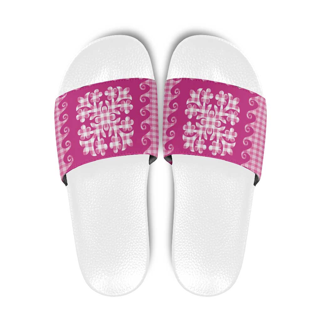 Pink Ulu Palaka Quilt Pattern Slide Sandals Hawaii Culture Breadfruit LT9 Pink - Polynesian Pride