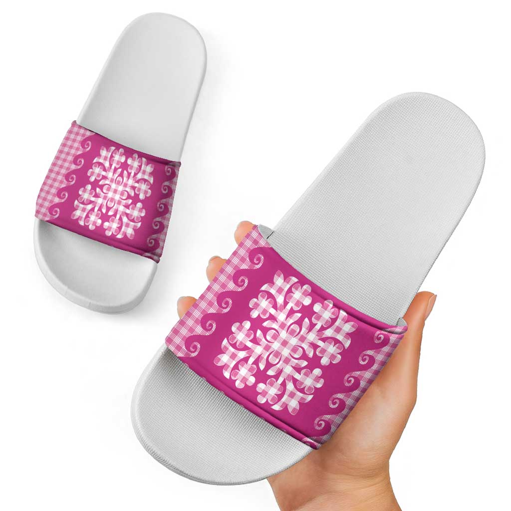 Pink Ulu Palaka Quilt Pattern Slide Sandals Hawaii Culture Breadfruit LT9 - Polynesian Pride