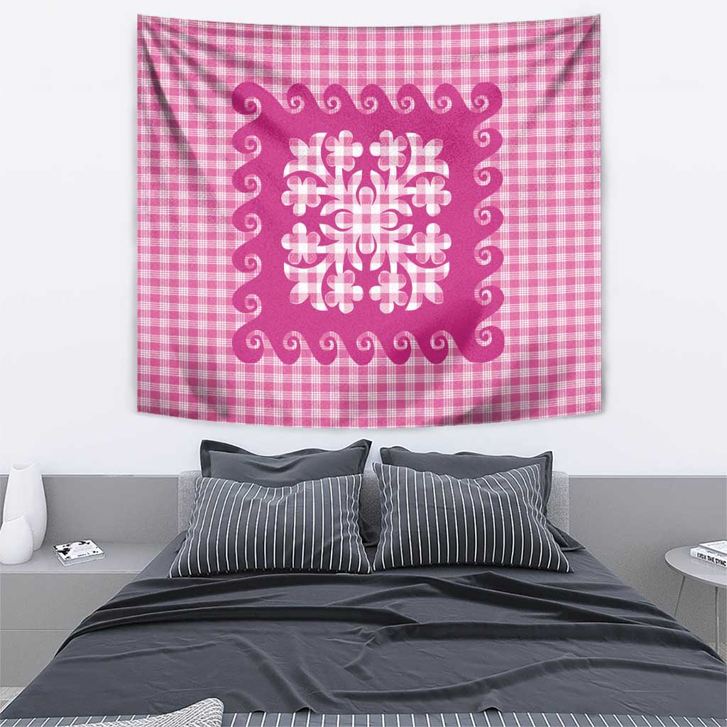Pink Ulu Palaka Quilt Pattern Tapestry Hawaii Culture Breadfruit LT9 - Polynesian Pride