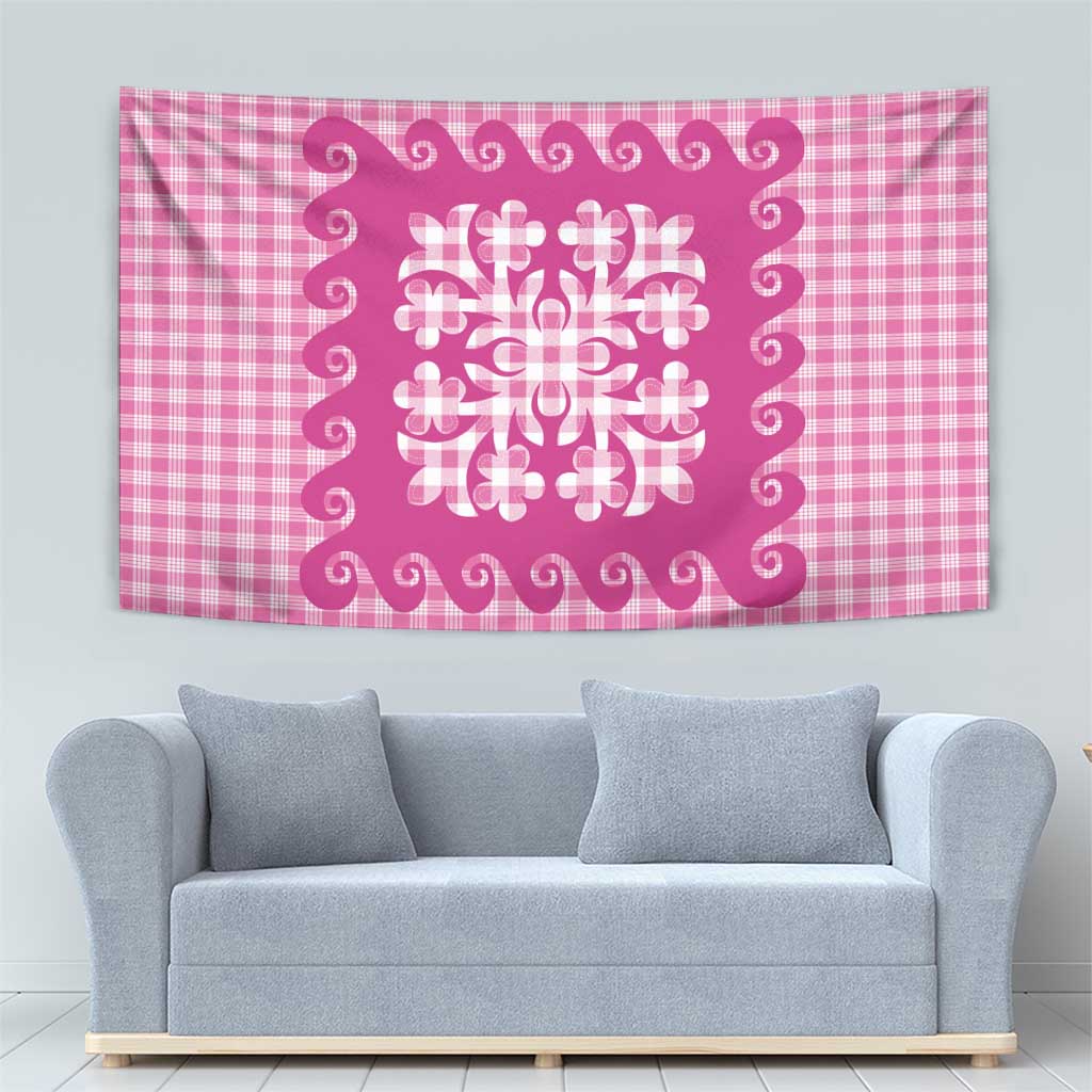 Pink Ulu Palaka Quilt Pattern Tapestry Hawaii Culture Breadfruit LT9 - Polynesian Pride