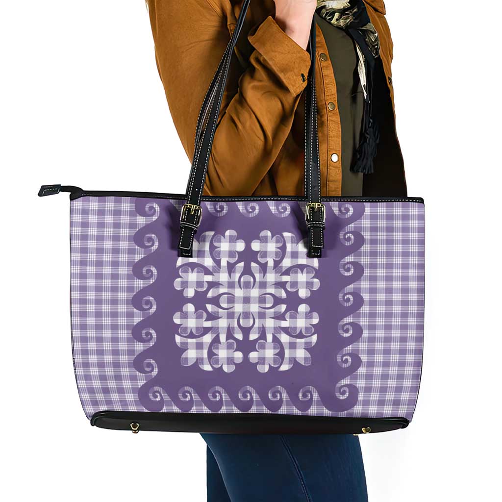 Purple Ulu Palaka Quilt Pattern Leather Tote Bag Hawaii Culture Breadfruit LT9 - Polynesian Pride