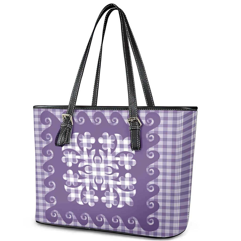 Purple Ulu Palaka Quilt Pattern Leather Tote Bag Hawaii Culture Breadfruit LT9 - Polynesian Pride