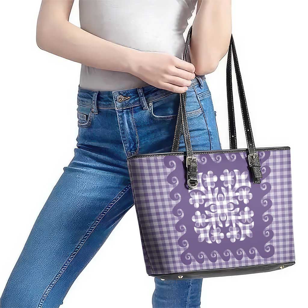 Purple Ulu Palaka Quilt Pattern Leather Tote Bag Hawaii Culture Breadfruit LT9 - Polynesian Pride