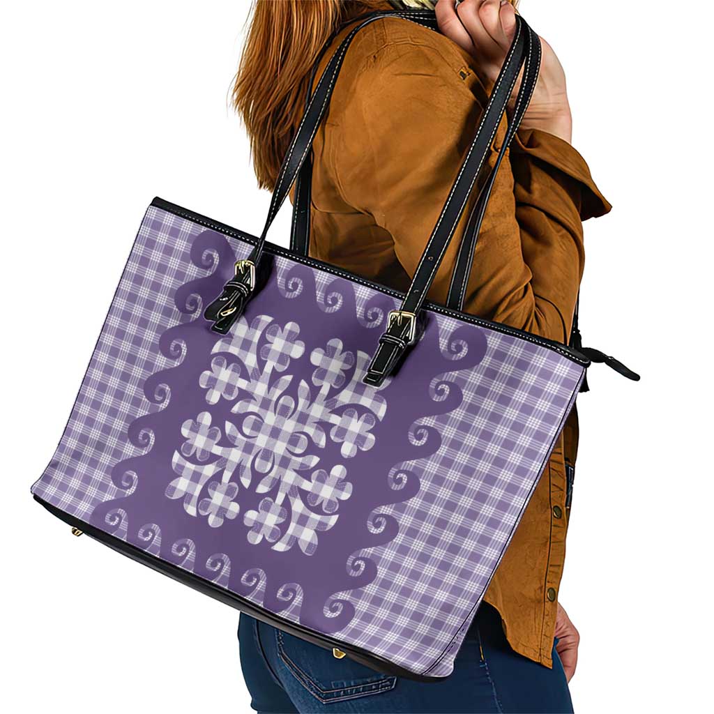 Purple Ulu Palaka Quilt Pattern Leather Tote Bag Hawaii Culture Breadfruit LT9 - Polynesian Pride