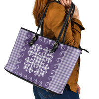 Purple Ulu Palaka Quilt Pattern Leather Tote Bag Hawaii Culture Breadfruit LT9 - Polynesian Pride