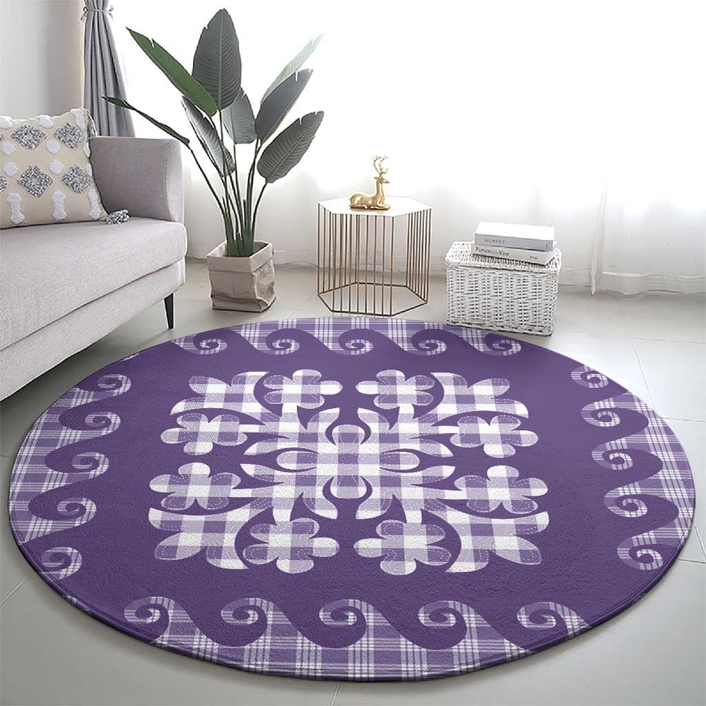 Purple Ulu Palaka Quilt Pattern Round Carpet Hawaii Culture Breadfruit LT9 - Polynesian Pride