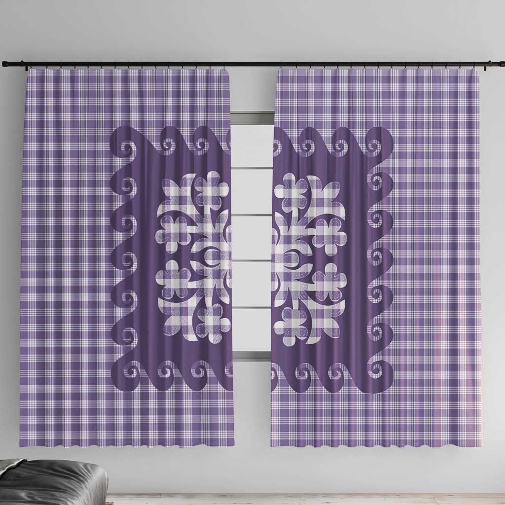 Purple Ulu Palaka Quilt Pattern Window Curtain Hawaii Culture Breadfruit LT9 With Hooks Purple - Polynesian Pride