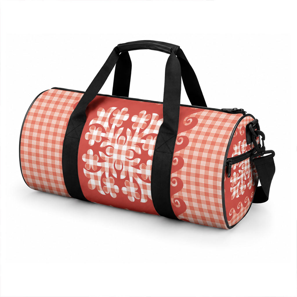 Red Ulu Palaka Quilt Pattern Duffle Bag Hawaii Culture Breadfruit LT9 - Polynesian Pride