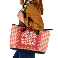 Red Ulu Palaka Quilt Pattern Leather Tote Bag Hawaii Culture Breadfruit LT9 Red - Polynesian Pride