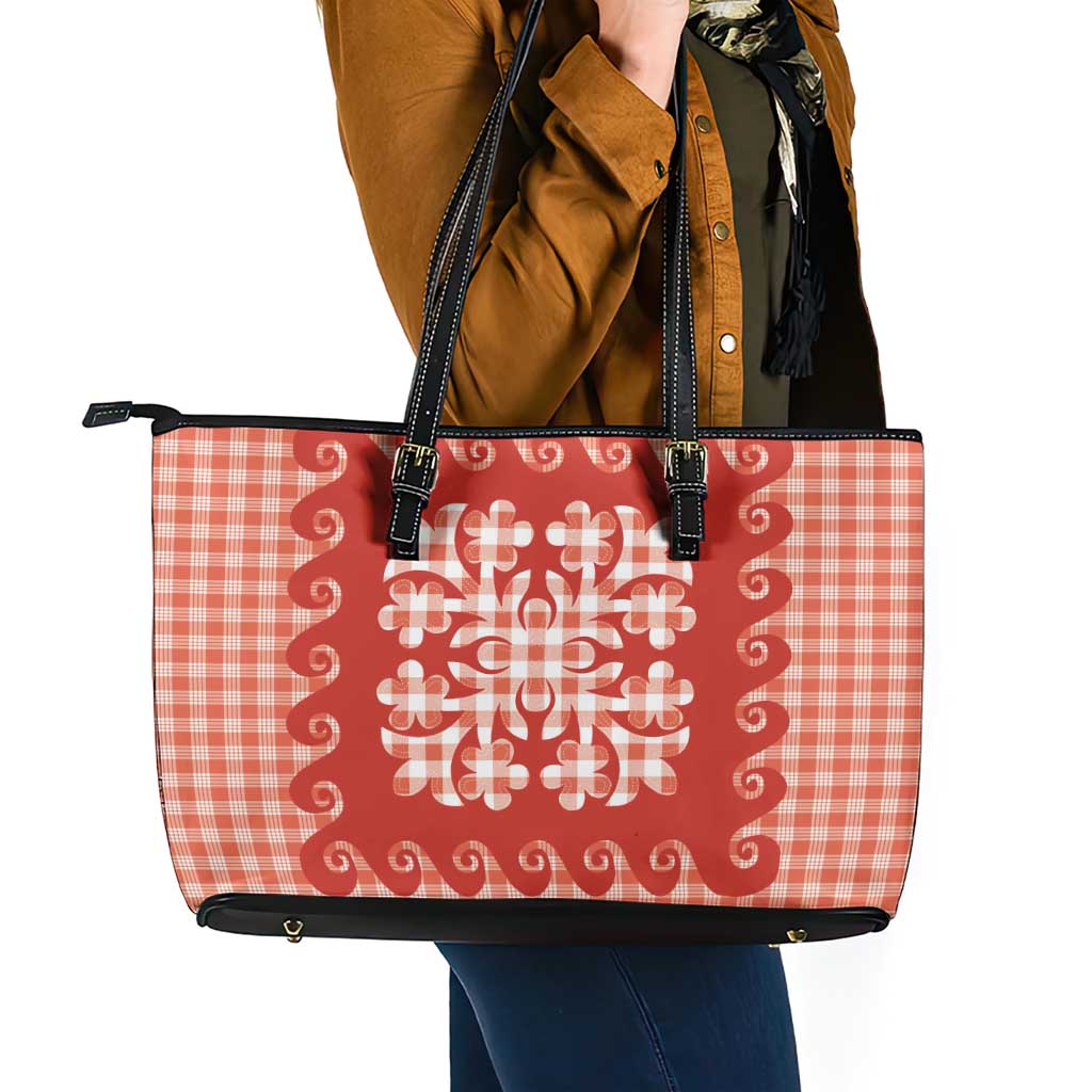Red Ulu Palaka Quilt Pattern Leather Tote Bag Hawaii Culture Breadfruit LT9 - Polynesian Pride