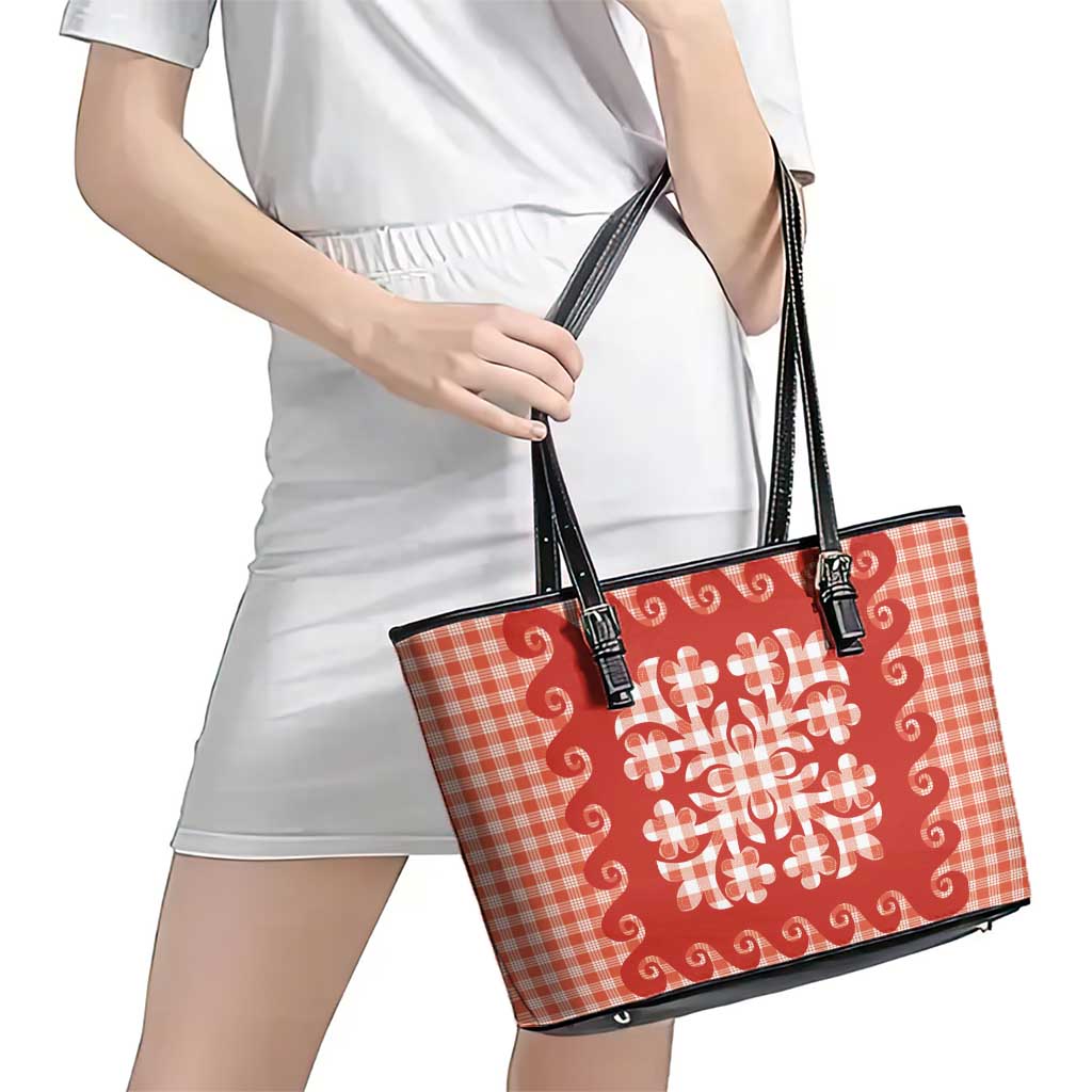 Red Ulu Palaka Quilt Pattern Leather Tote Bag Hawaii Culture Breadfruit LT9 - Polynesian Pride